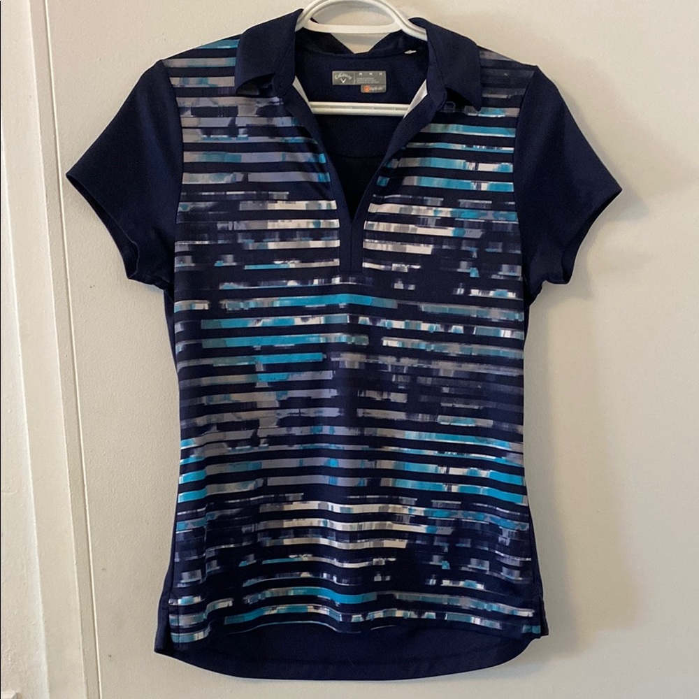 Navy Striped Women's Polo Shirt size medium